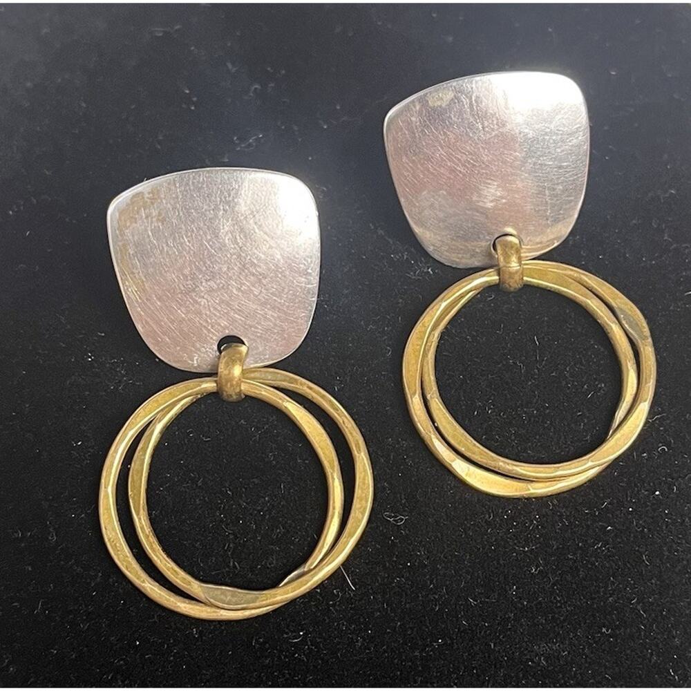 Vintage Marjorie Baer MB SF Artisan Dangle Earrings Gold & Silver Tone Signed